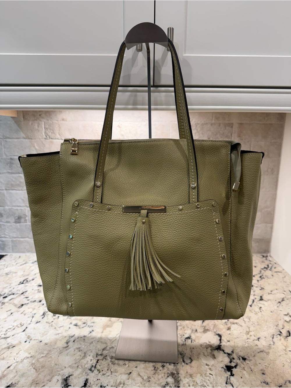Ripani EUC Light Olive Green Pebbled Leather Tote Bag w/Silver Studs